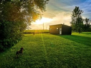 Black storage shed with sunset